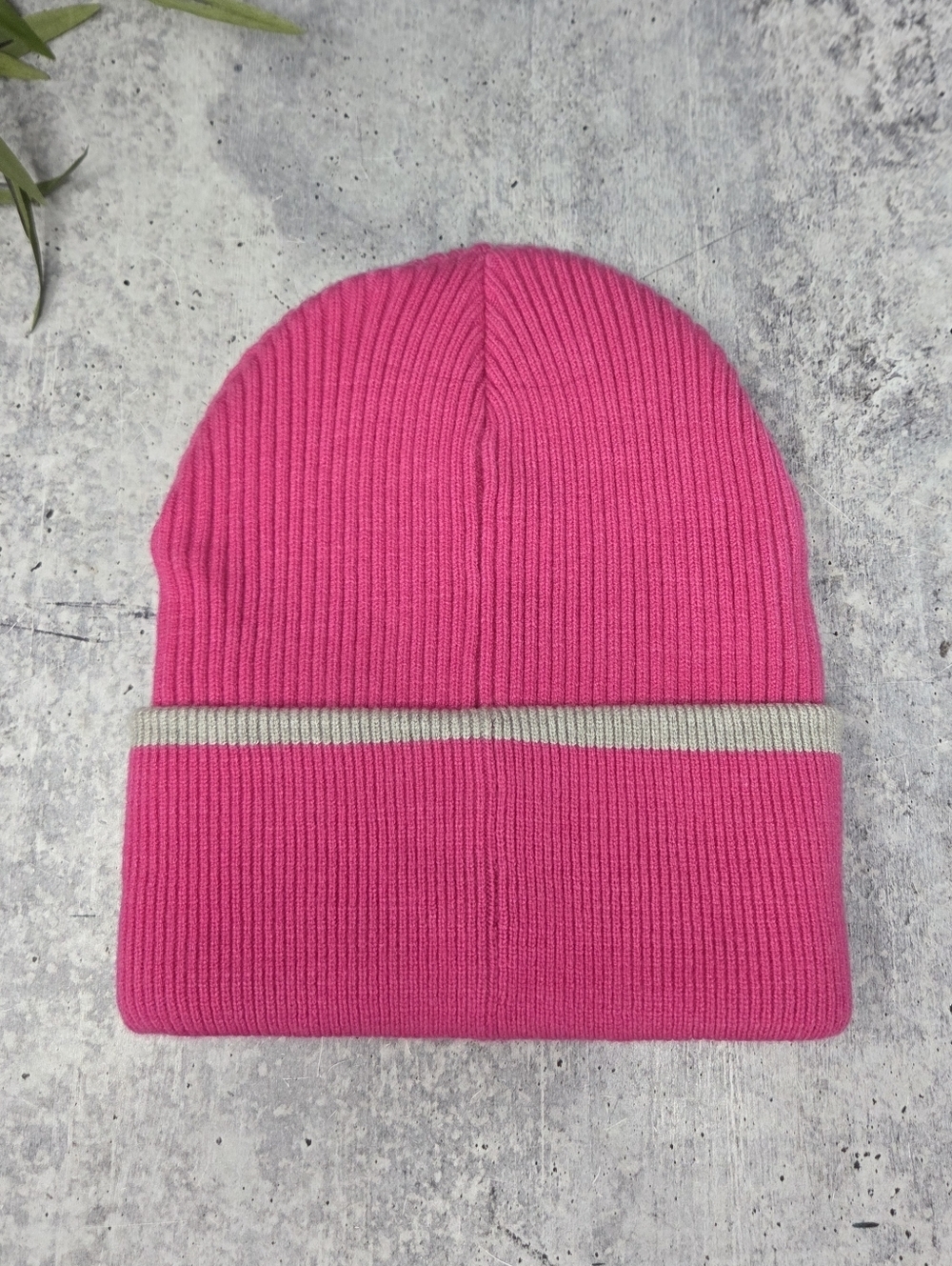 Pink Ribbed Beanie Hat with Gray Stripe